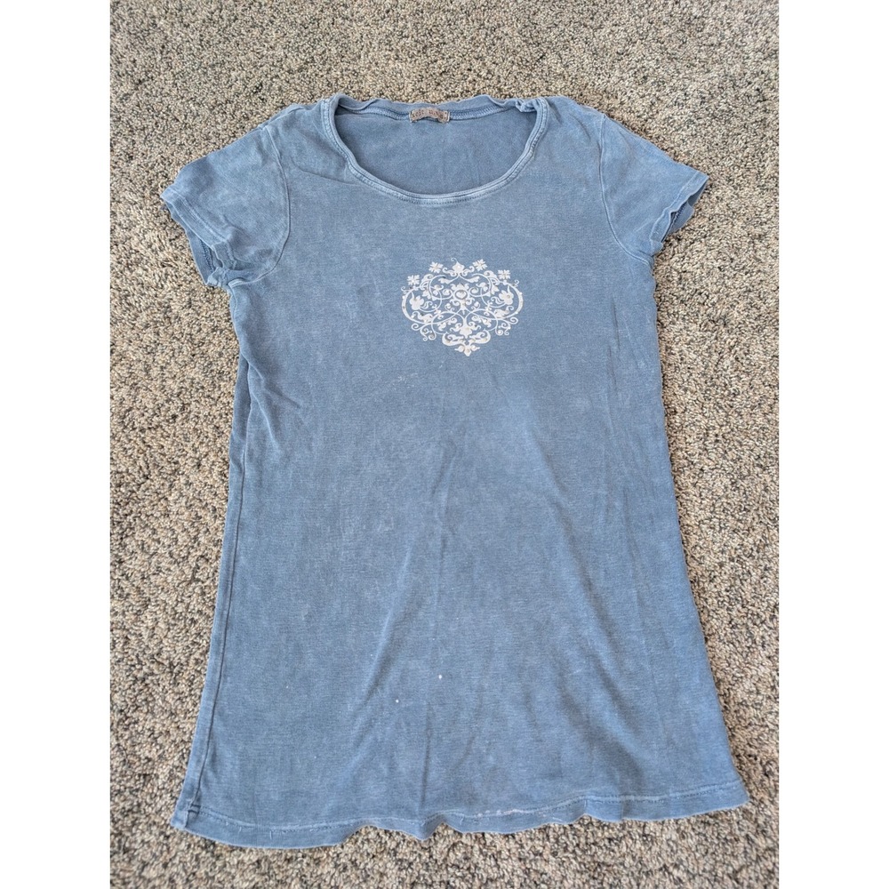 Xcit USA Vintage Y2K Blue Mineral Wash Rhinestone Heart Baby Tee Womens Small
